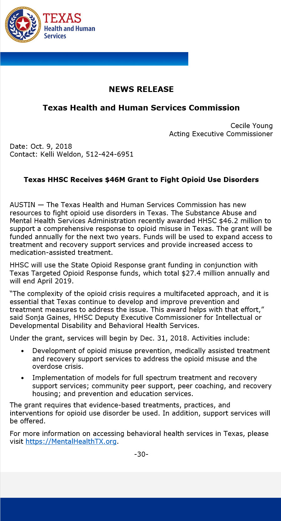 HHS News Release 10 9 2018